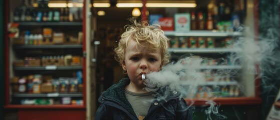 A young boy smoking a cigarette in front of the store. AI.