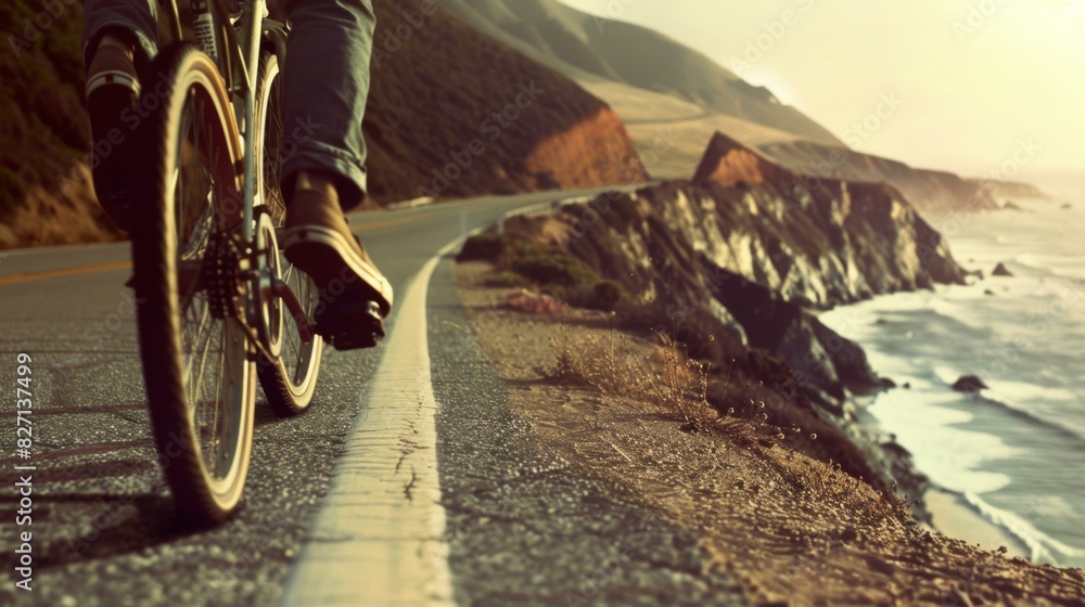 Poster A person riding a bike down the side of an ocean road. AI.