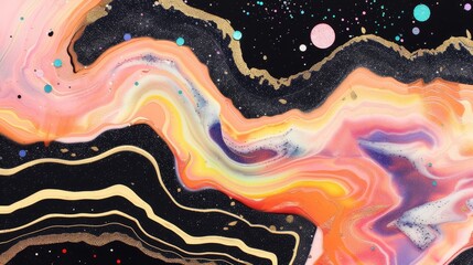  An abstract painting features swirls and dots of gold, pink, and blue against a black background Circles of white, blue, pink, yellow, and orange also appear