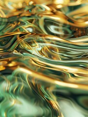 A close up of a shiny green and gold liquid. AI.