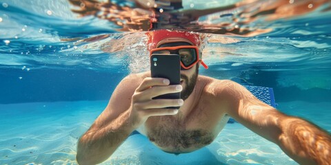A man in a swimsuit taking pictures of himself underwater. AI.