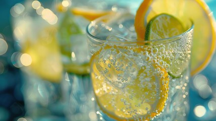 Summer drinks, Closeup of a glass of sparkling water with lemon and lime slices.