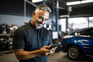 Happy inspector using mobile phone in auto repair shop. Happy mid adult manager reading a text message on cell phone in auto repair shop