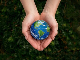 A pair of hands holding a tiny world, representing care for the environment