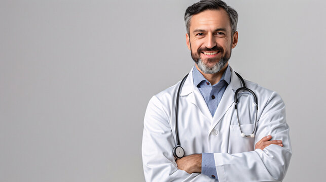 Happy family doctor with stethoscope, using digital technology, white background