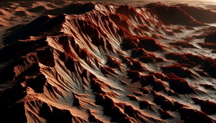 Close-up of Mars' Gale Crater, showcasing the red rocky surface with intricate sediment layers and sharp shadows. The scene captures the detailed