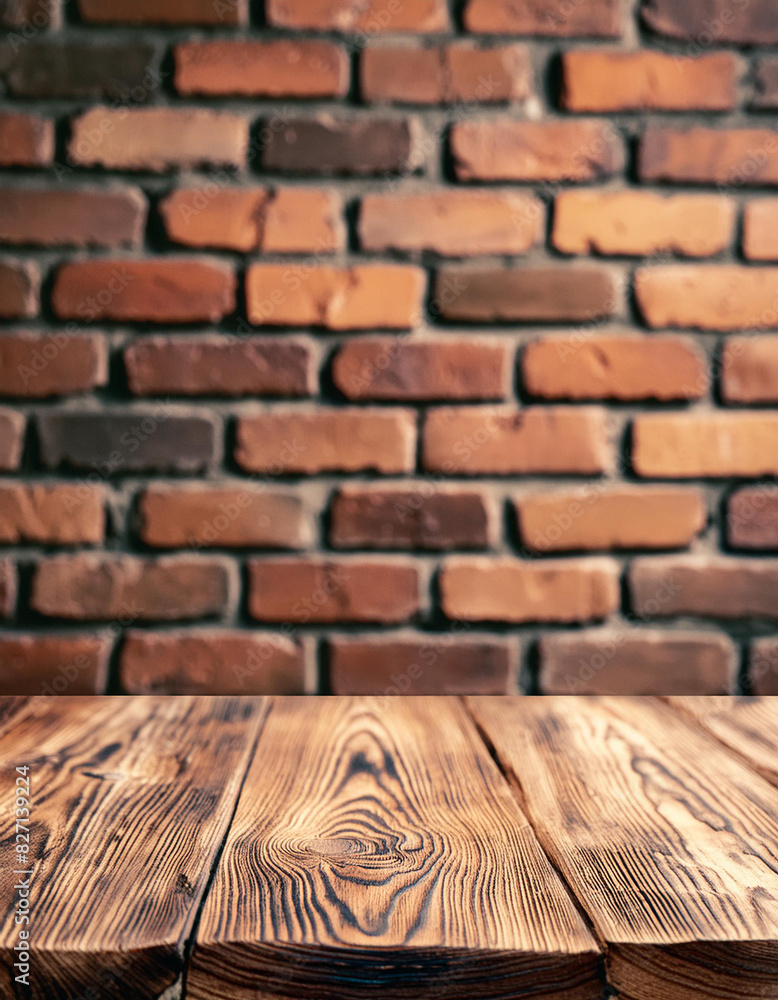 Aufkleber Wood table in front of rustic brick wall blur background with empty copy space on the table for product display mockup. Retro design montage presentation, low light