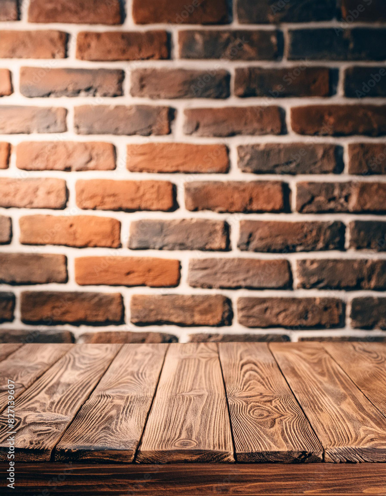 Aufkleber Wood table in front of rustic brick wall blur background with empty copy space on the table for product display mockup. Retro design montage presentation, low light