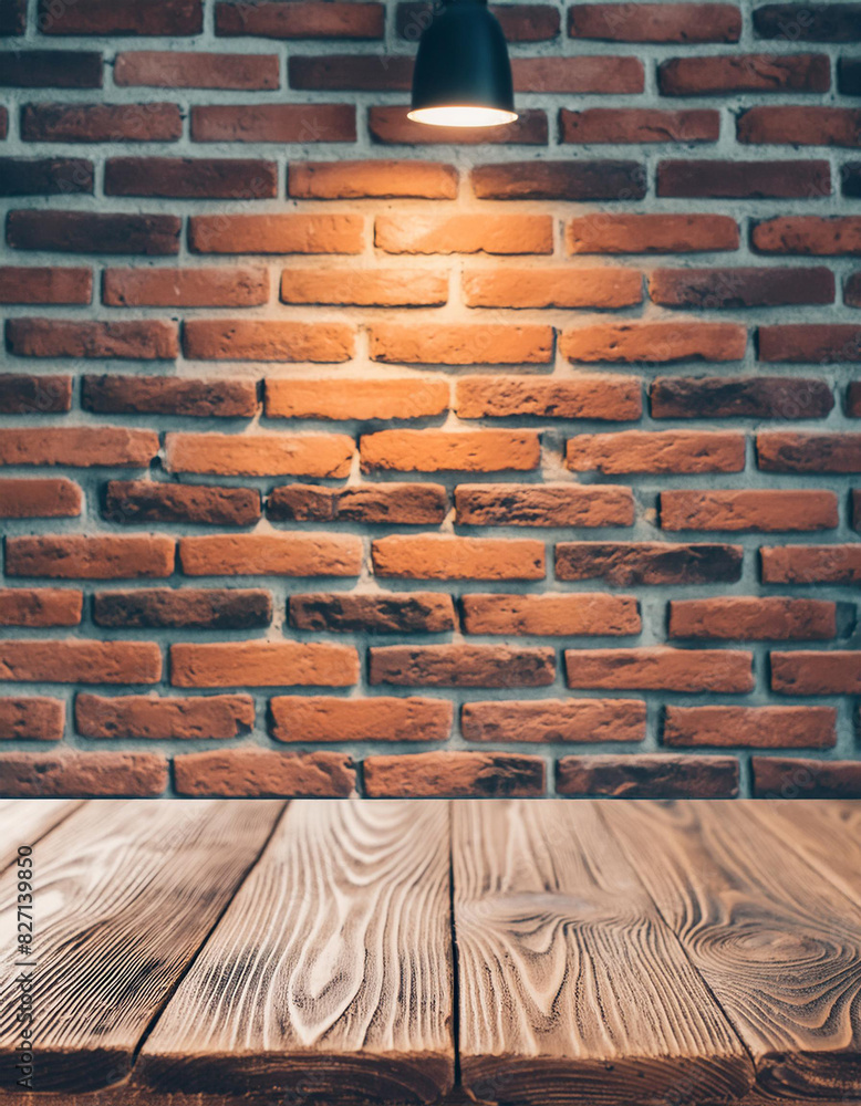 Aufkleber Wood table in front of rustic brick wall blur background with empty copy space on the table for product display mockup. Retro design montage presentation, low light