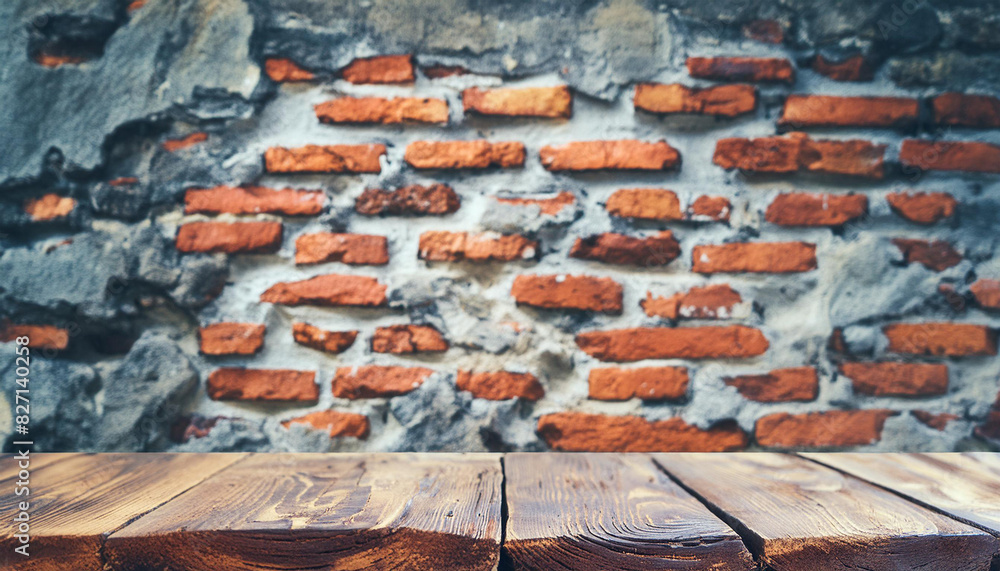 Aufkleber Wood table in front of rustic brick wall blur background with empty copy space on the table for product display mockup. Retro design montage presentation, low light