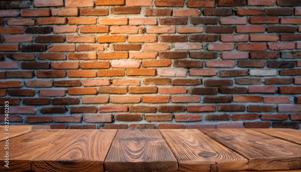 Aufkleber Wood table in front of rustic brick wall blur background with empty copy space on the table for product display mockup. Retro design montage presentation, low light