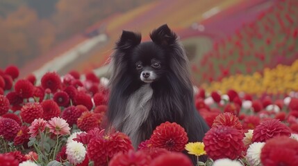 Obraz premium A black-and-white dog stands in a field of red and white flowers Yellow and pink blooms populate the foreground A red, white, and yellow flowered wall lies