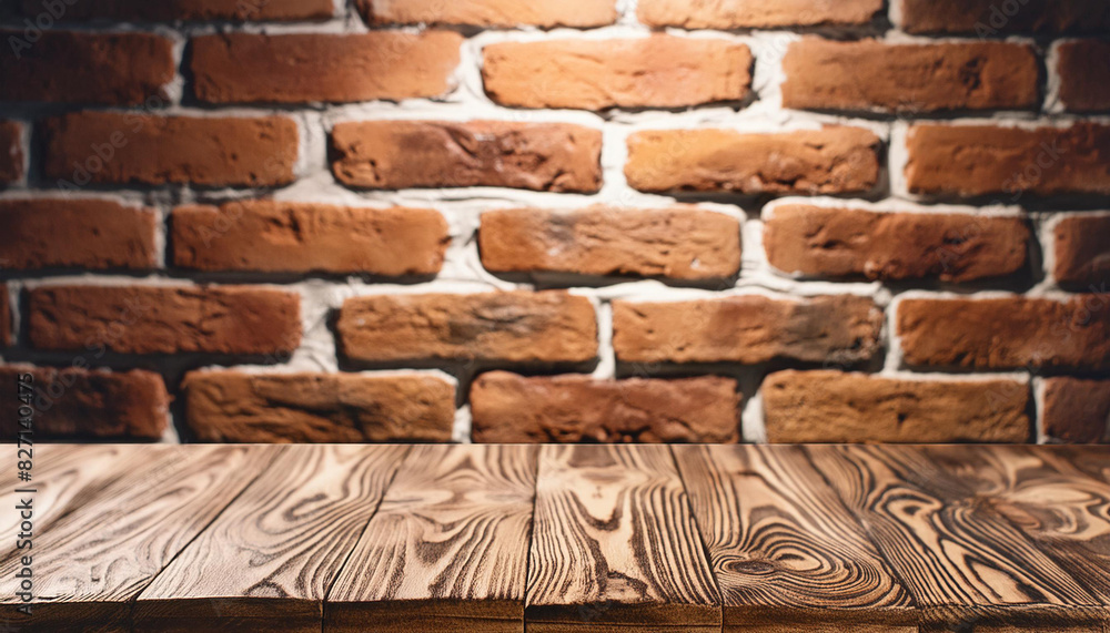 Poster Wood table in front of rustic brick wall blur background with empty copy space on the table for product display mockup. Retro design montage presentation, low light