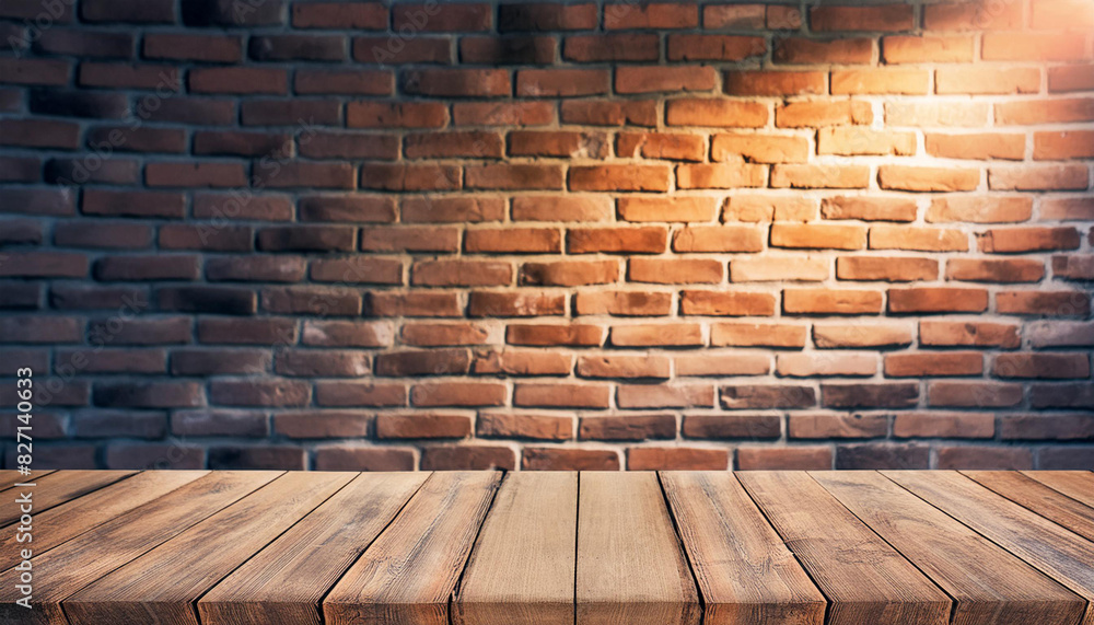 Aufkleber Wood table in front of rustic brick wall blur background with empty copy space on the table for product display mockup. Retro design montage presentation, low light