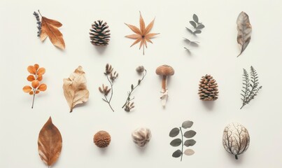 Various autumn leaves and pine cones on white background laid out artistically