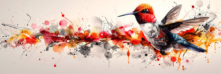 Abstract background Hummingbird on a pure white,
There is a hummingbird flying in the air with a flower in its beak