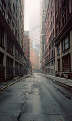 A city street with a large building in the background