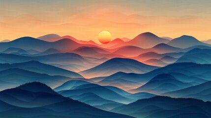Illustration of abstract mountain landscape seamless pattern. Flat design with transparent horizon shapes and a colorful wave background.