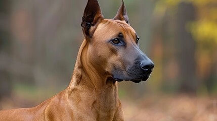  A tight shot of a dog in a green field dotted with trees Background features the dog's blurred reflection, surrounded by indistinct tree silhouettes and grass