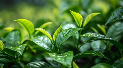 Tea leaves in the tea garden with dew in the early morning background