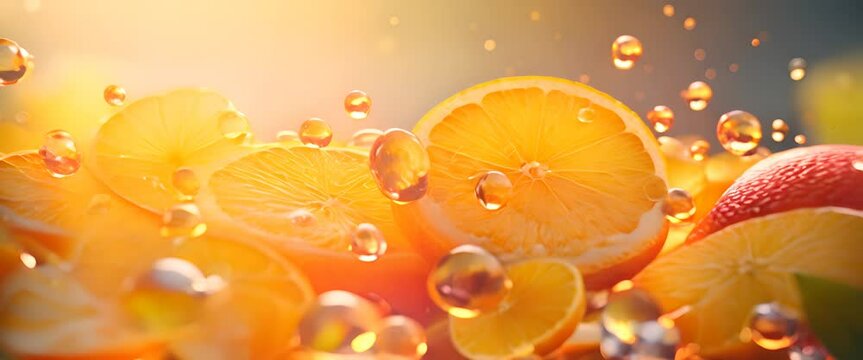 Realistic 3D visualization of multi-vitamin skin tablets, flat, bright citrus background,