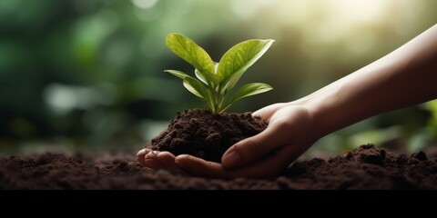 Plant in Hands. Ecology concept. Nature Background