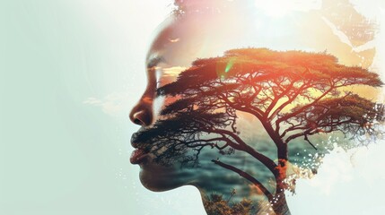 Double exposure portrait of beautiful woman and lush nature with trees.