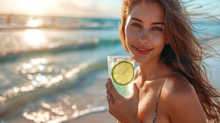Smiling Woman Enjoying Refreshing Drink at Tropical Beach during Sunset