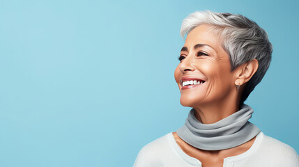 Elegant, smiling elderly, chic latino, Spain woman with gray hair and perfect skin, blue background banner.