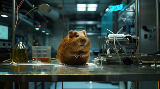 A little guinea pig is sitting on a table in the laboratory. The action takes place in a sterile environment, where there are various scientific equipment. 