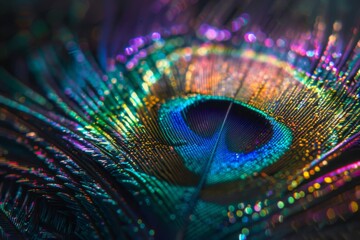 Naklejka premium Capture a mesmerizing close-up shot of a vibrant peacock feather, showcasing its intricate patterns in rich, iridescent hues