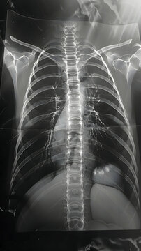 A chest radiograph of a female patient, demonstrating a hiatal hernia
