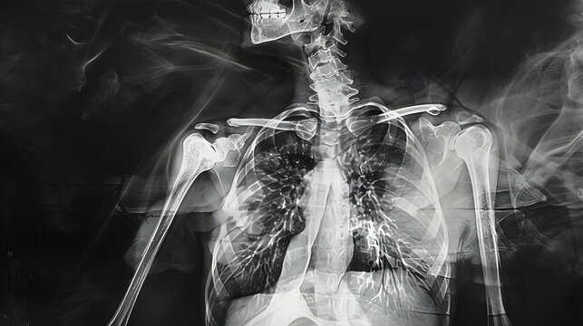 A chest radiograph of a female patient, demonstrating a hiatal hernia
