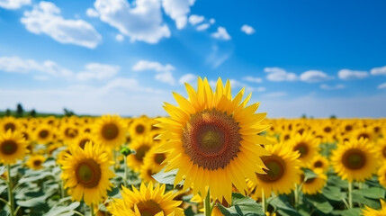 Sunflower field with cloudy blue sky