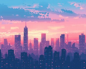 Fototapeta premium Capture a metropolis at dusk with skyscrapers silhouetted against a pastel-toned sky Enhance the cityscapes bustling energy with warm pinks and serene blues