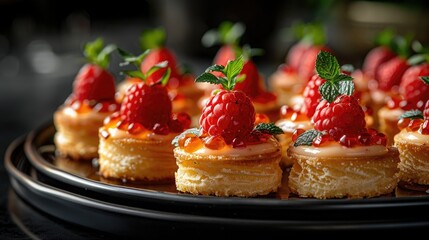 A plate of elegant canapes on a sleek black glass background with soft reflections