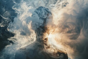Capture a rear view of a figure obscured by swirling smoke, reflecting a soft glow from hidden mirrors, creating an aura of mystery and illusion