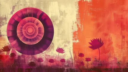  A painting of a spiral shape object, adorned with floral elements in the foreground, surrounded by hues of orange, pink, yellow, and red in the middle ground