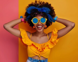 Capture a striking frontal view image in bold, vibrant colors, highlighting joyful, confident styling! Let the clothing and accessories radiate happiness