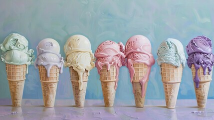 Capture a whimsical summer vibe with intricate pastel ice cream cones, each cone delicately painted in mint, strawberry, and lavender hues, inviting viewers to savor the sweetness