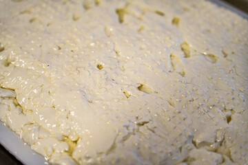 Close-up of the process of making cheese, Preparation for Italian soft mozzarella cheese.