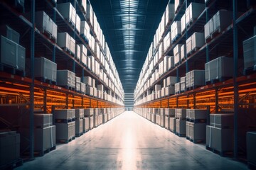 rows of shelves with boxes in modern warehouse