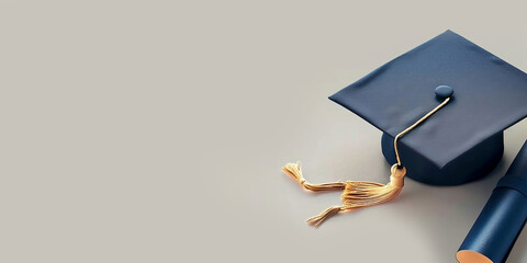 Graduation cap and diploma mortar hat. University graduate show diploma certificate . Copy space blue background blue web banner.