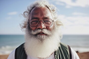 Smiling senior man with white beard at beach - Powered by Adobe