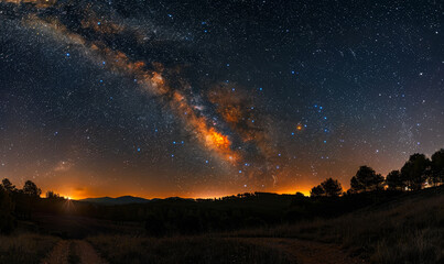 Stunning Milky Way Arch Over Forests of Granadilla in Extremadura, Spain at Night; Starry Sky; Astrophotography; Nature Landscape; Cosmic Serenity; Night Sky Photography; Tranquil Scenery with Trees
