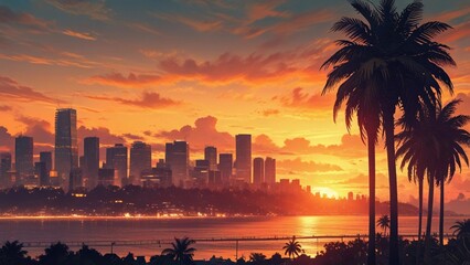 flat illustration of coconut tree with sunset