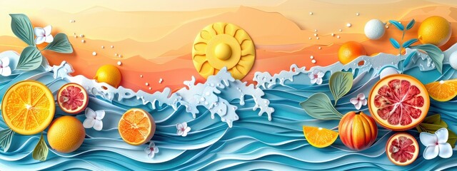 Tropical Fruits and Waves in Vibrant Summer Paper Art Illustration