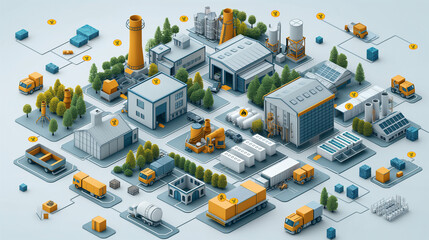 An isometric illustration depicting a global supply chain network with a focus on eco-friendly practices and logistics optimization.