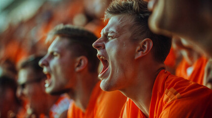 Obraz premium Football fans very emotional cheering for their team at the stadium surrounded by other fans dressed in orange