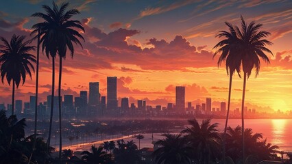 Obraz premium flat illustration of coconut tree with sunset